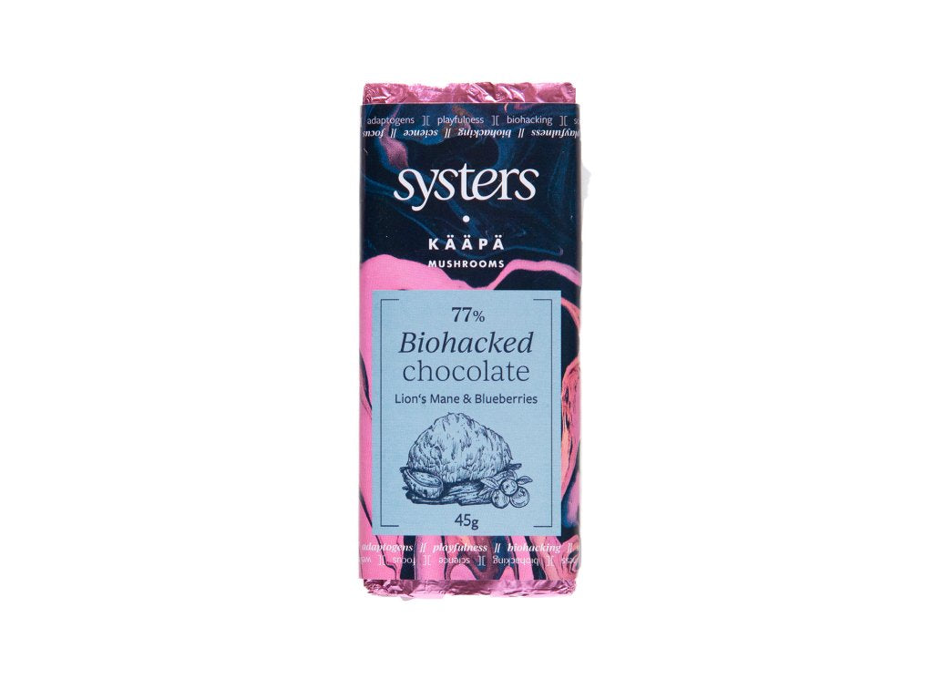Systers & KÄÄPÄ Mushrooms - Biohacked Chocolate 77% - Lion’s Mane and Blueberries, organic (44g)
